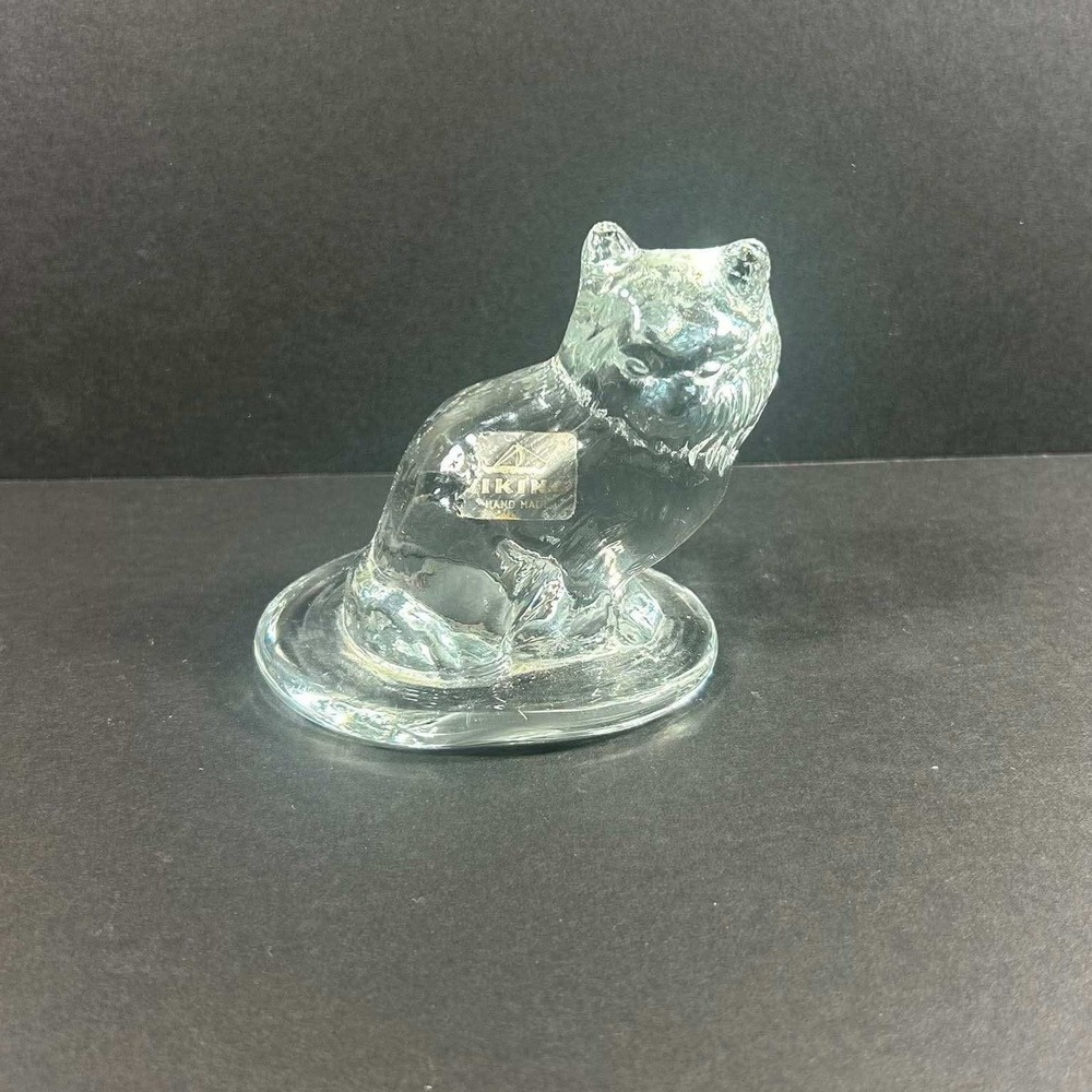 Viking Glass Cat Figurine Clear Art Glass Vintage Paperweight